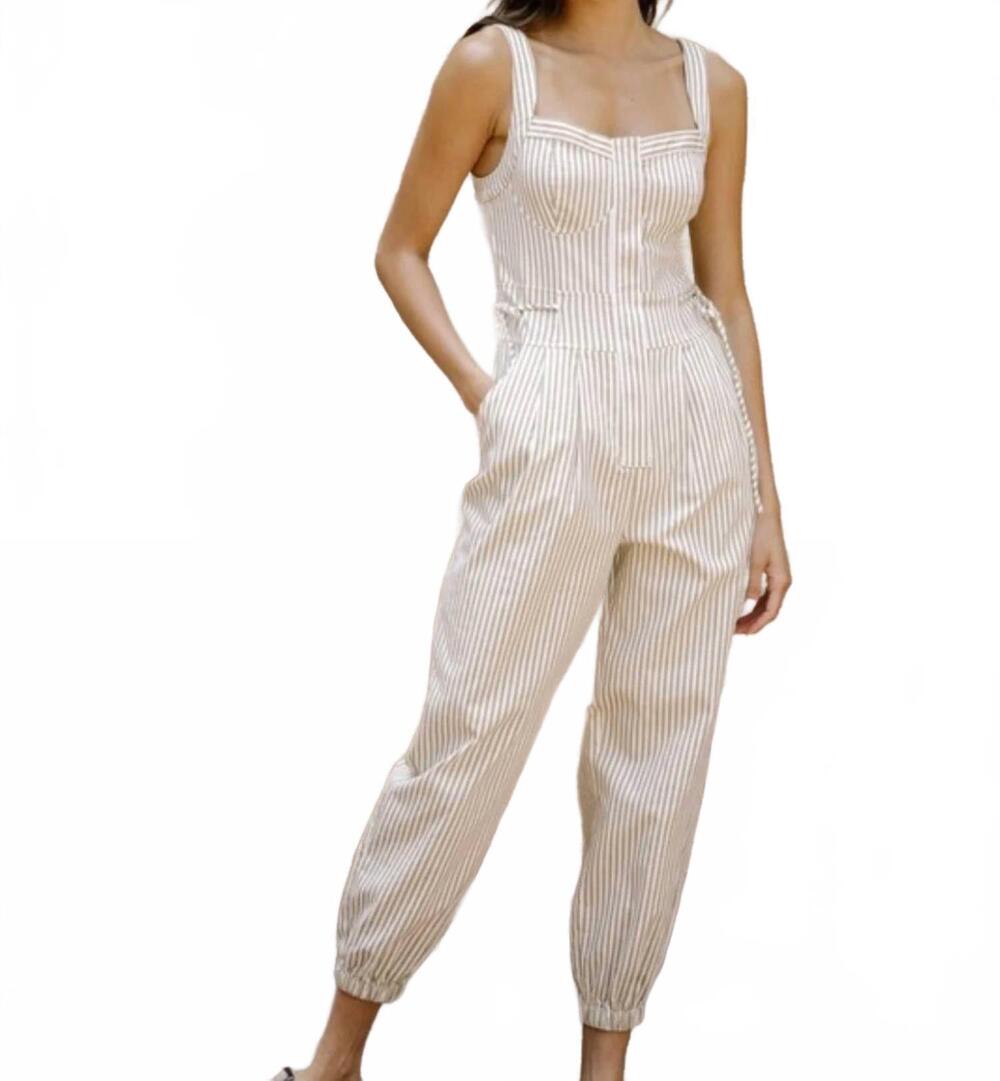 NEW STORIA kennis pinstripe bustier jumpsuit in beige/white